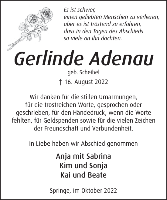 Traueranzeige von Gerlinde Adenau von Neue Deister-Zeitung