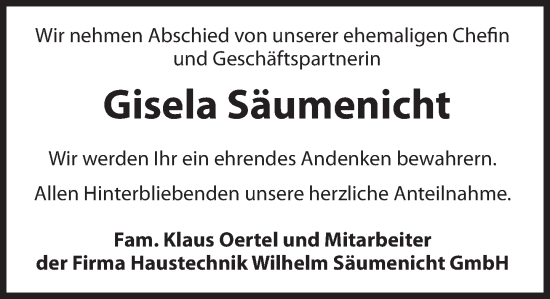Traueranzeige von Gisela Säumenicht von Deister- und Weserzeitung
