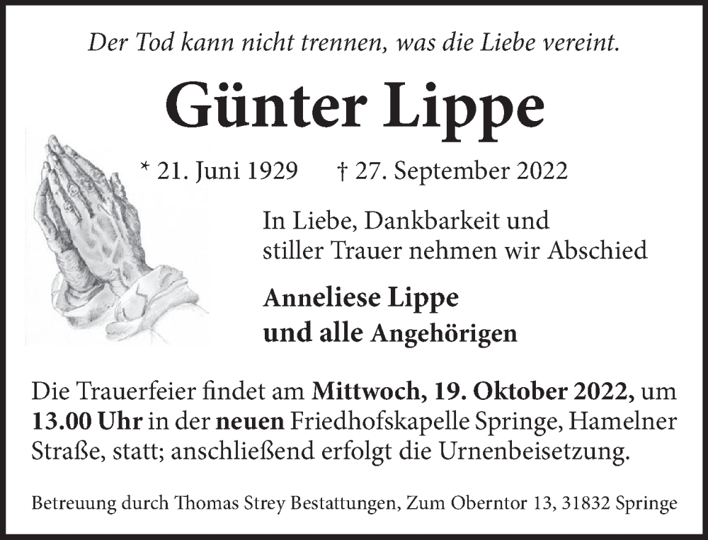  Traueranzeige für Günter Lippe vom 15.10.2022 aus Neue Deister-Zeitung