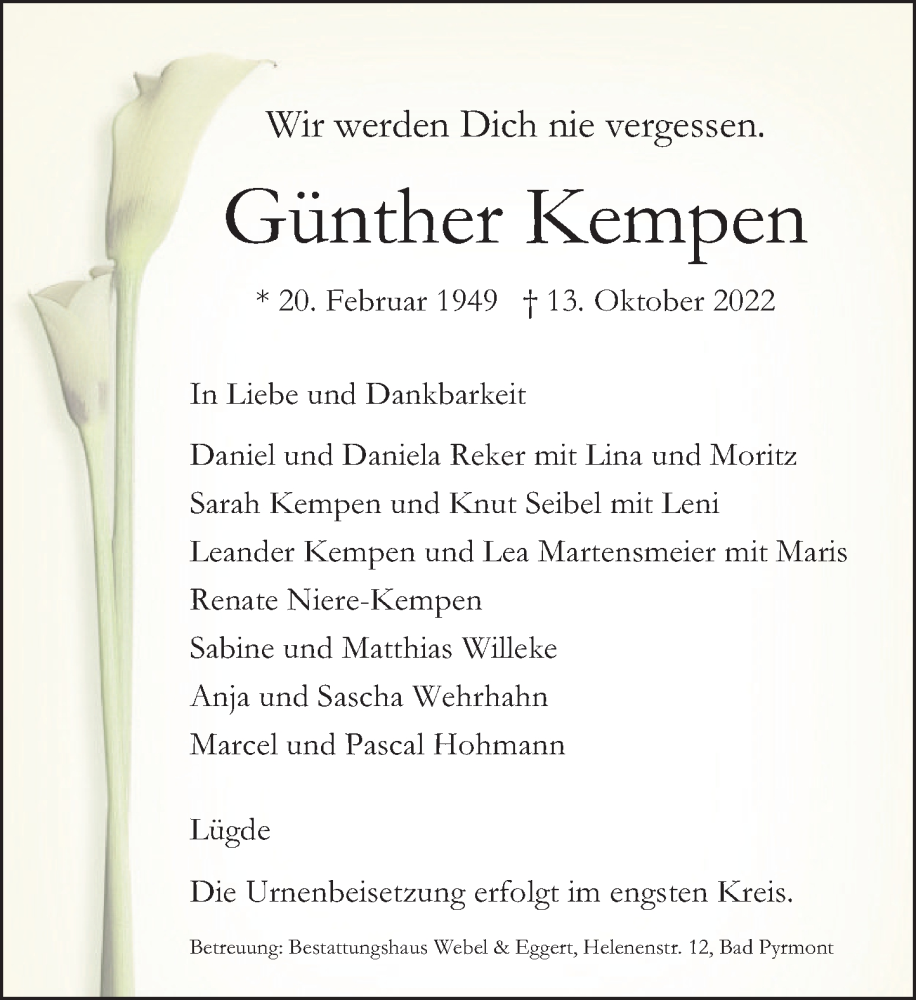  Traueranzeige für Günther Kempen vom 22.10.2022 aus Deister- und Weserzeitung