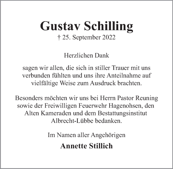 Traueranzeige von Gustav Schilling von Deister- und Weserzeitung
