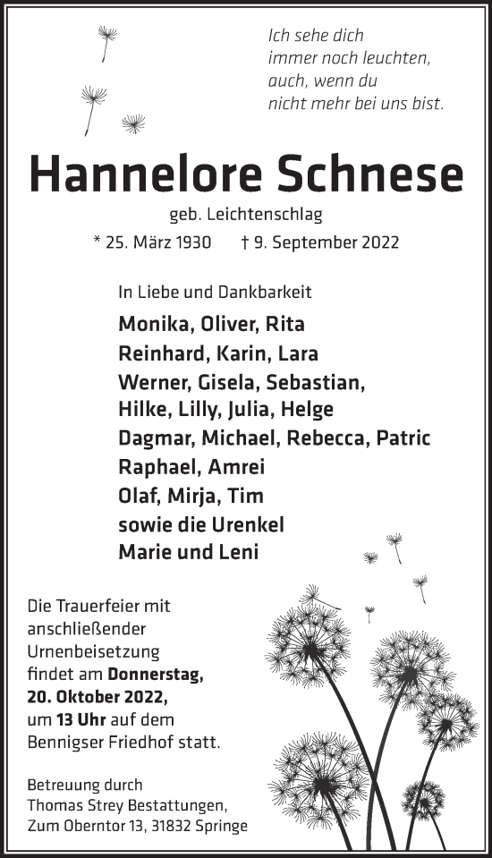 Traueranzeige von Hannelore Schnese von Neue Deister-Zeitung