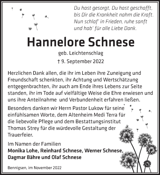 Traueranzeige von Hannelore Schnese von Neue Deister-Zeitung