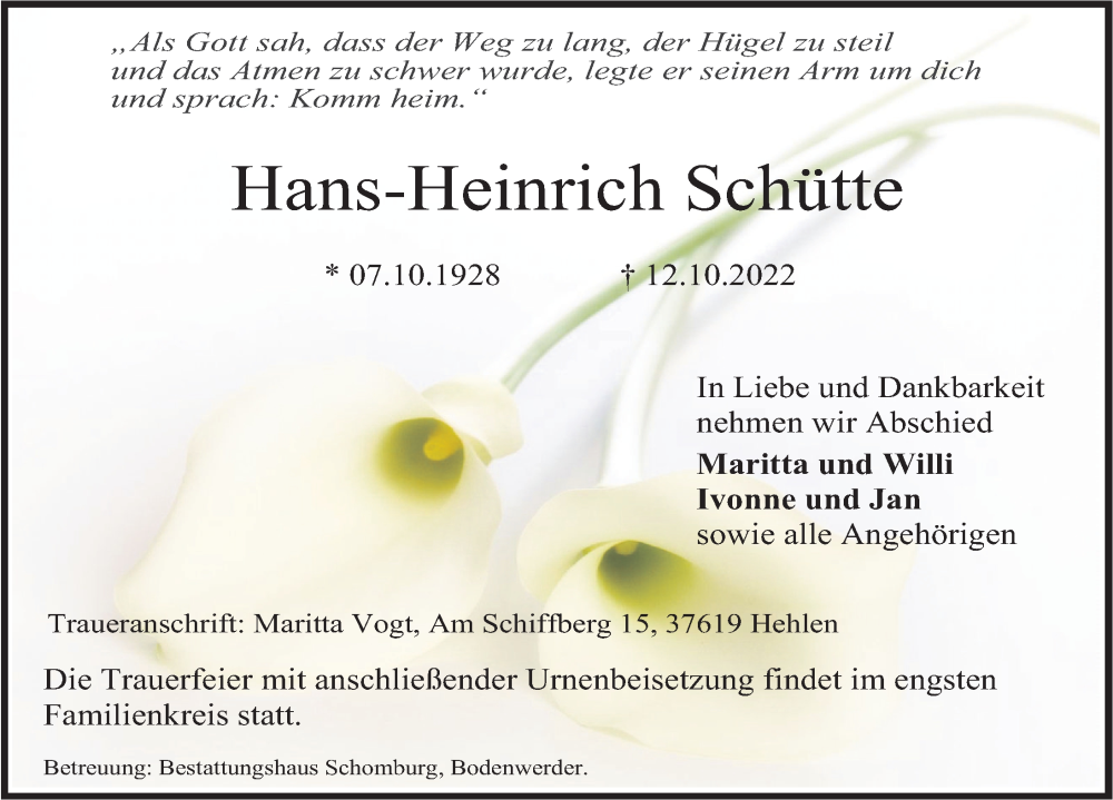  Traueranzeige für Hans-Heinrich Schütte vom 21.10.2022 aus Deister- und Weserzeitung