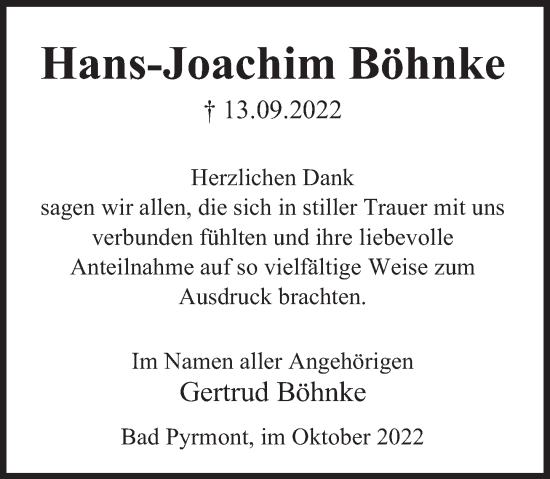 Traueranzeige von Hans-Joachim Böhnke von Deister- und Weserzeitung