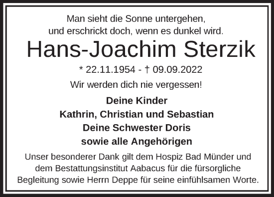 Traueranzeige von Hans-Joachim Sterzik von Neue Deister-Zeitung