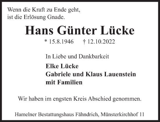 Traueranzeige von Hans Günter Lücke von Deister- und Weserzeitung