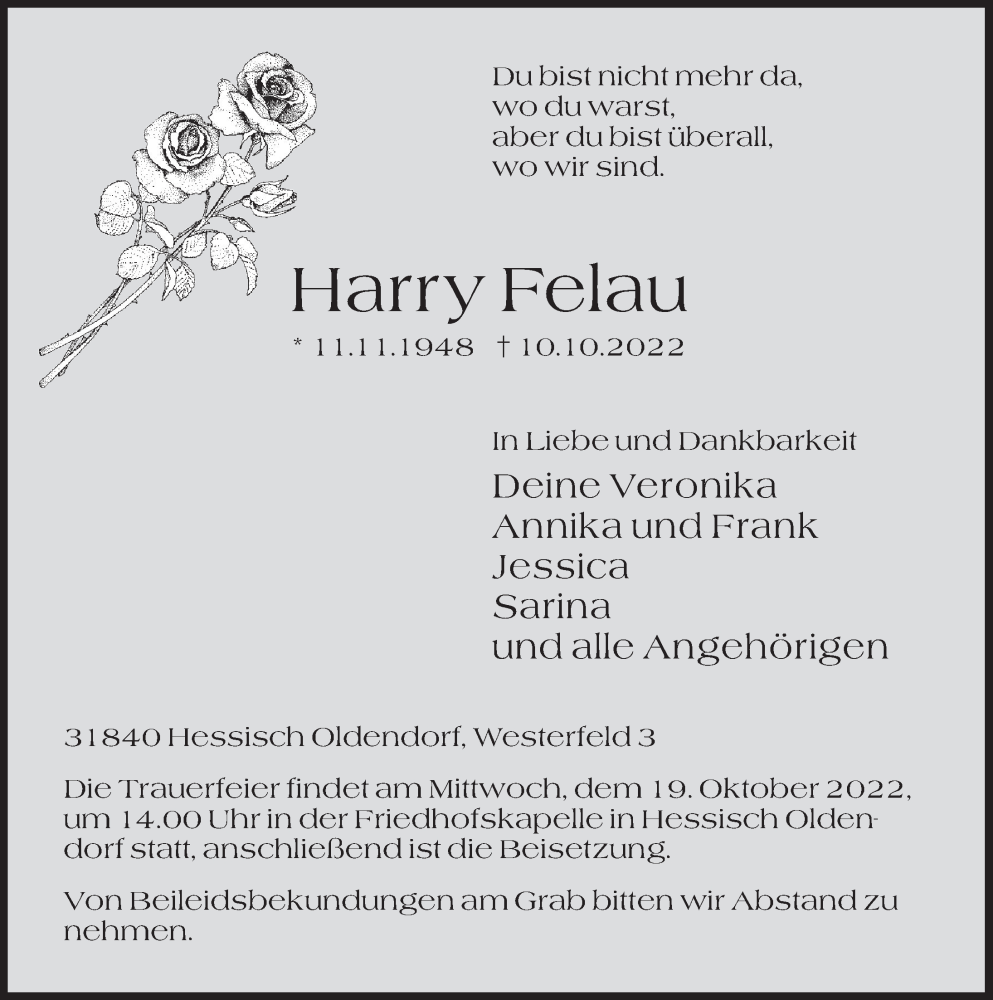  Traueranzeige für Harry Felau vom 14.10.2022 aus Deister- und Weserzeitung