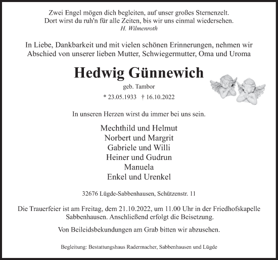 Traueranzeige von Hedwig Günnewich von Deister- und Weserzeitung