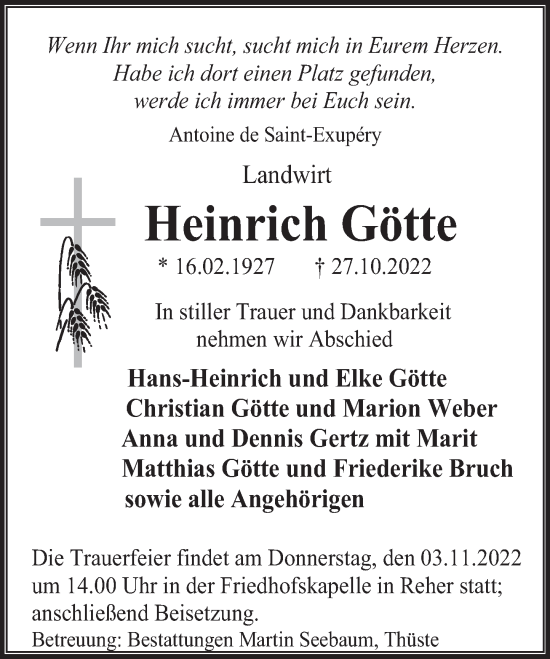 Traueranzeige von Heinrich Götte von Deister- und Weserzeitung