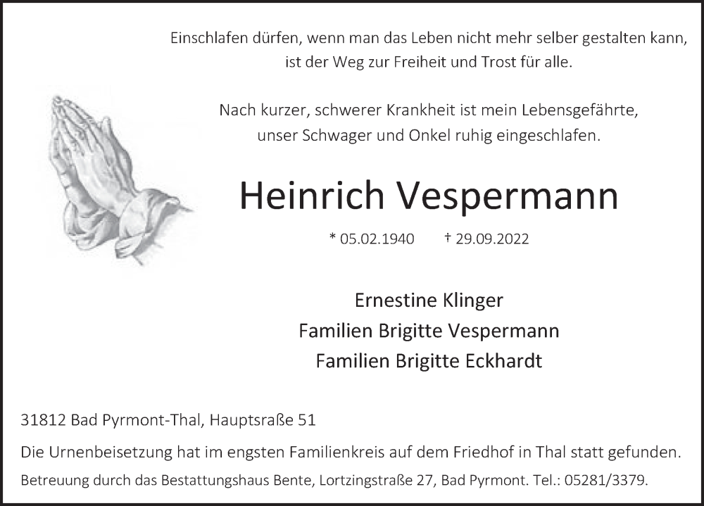  Traueranzeige für Heinrich Vespermann vom 15.10.2022 aus Deister- und Weserzeitung
