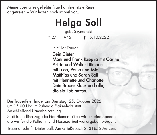 Traueranzeige von Helga Soll von Deister- und Weserzeitung