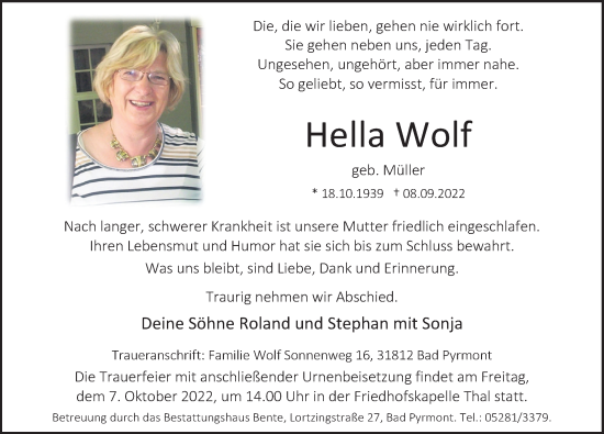 Traueranzeige von Hella Wolf von Deister- und Weserzeitung