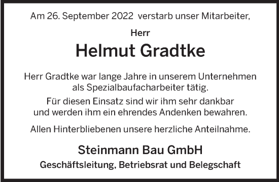 Traueranzeige von Helmut Gradtke von Deister- und Weserzeitung