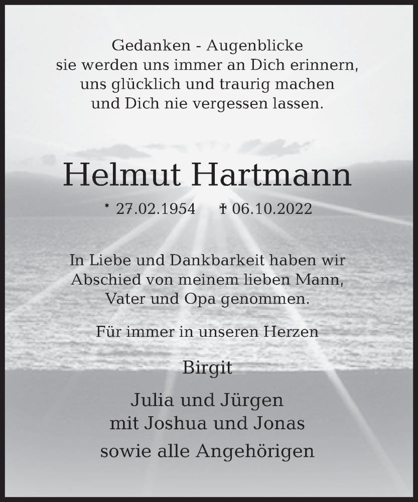  Traueranzeige für Helmut Hartmann vom 22.10.2022 aus Deister- und Weserzeitung
