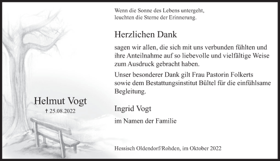 Traueranzeige von Helmut Vogt von Deister- und Weserzeitung
