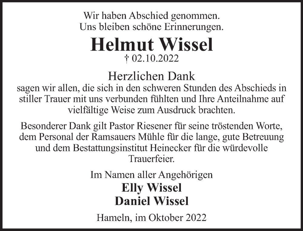  Traueranzeige für Helmut Wissel vom 29.10.2022 aus Deister- und Weserzeitung