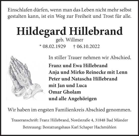 Traueranzeige von Hildegard Hillebrand von Neue Deister-Zeitung