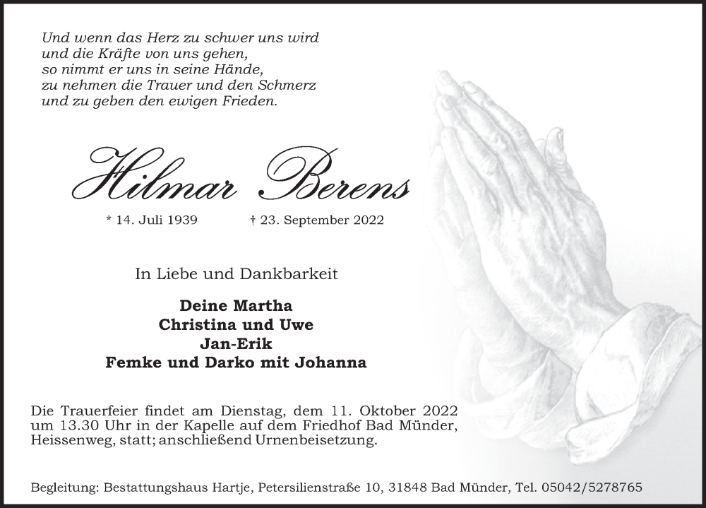  Traueranzeige für Hilmar Berens vom 08.10.2022 aus Neue Deister-Zeitung