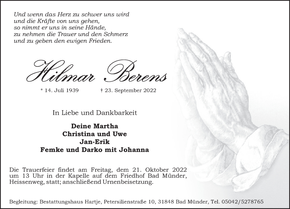  Traueranzeige für Hilmar Berens vom 15.10.2022 aus Neue Deister-Zeitung