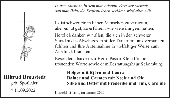 Traueranzeige von Hiltrud Breustedt von Deister- und Weserzeitung