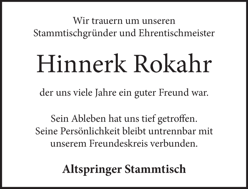  Traueranzeige für Hinnerk Rokahr vom 22.10.2022 aus Neue Deister-Zeitung