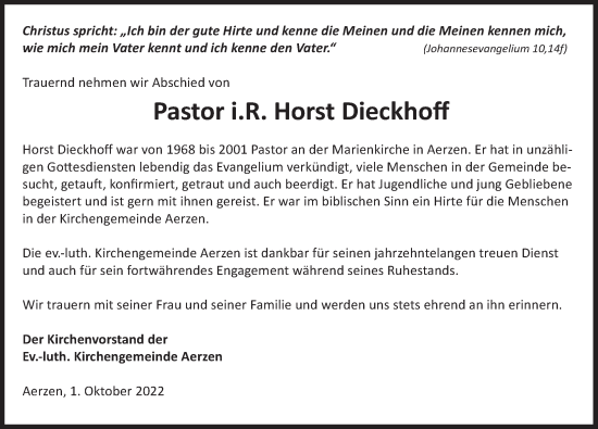 Traueranzeige von Horst Dieckhoff von Deister- und Weserzeitung