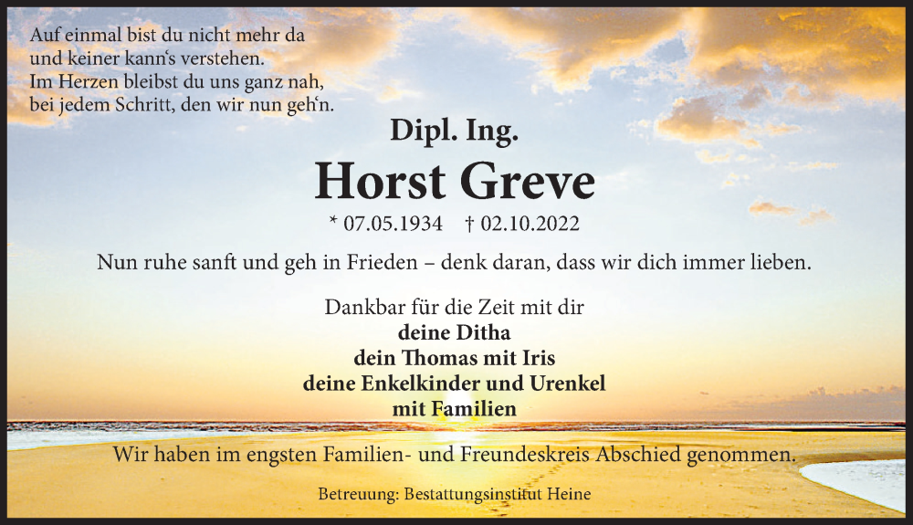  Traueranzeige für Horst Greve vom 15.10.2022 aus Deister- und Weserzeitung
