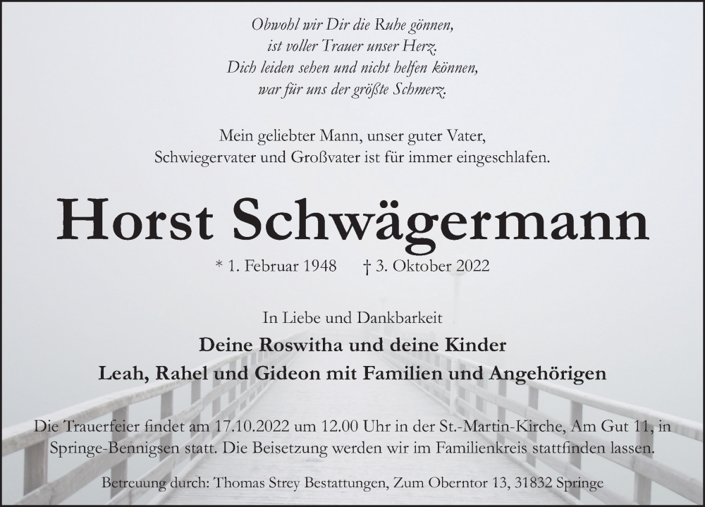  Traueranzeige für Horst Schwägermann vom 08.10.2022 aus Neue Deister-Zeitung