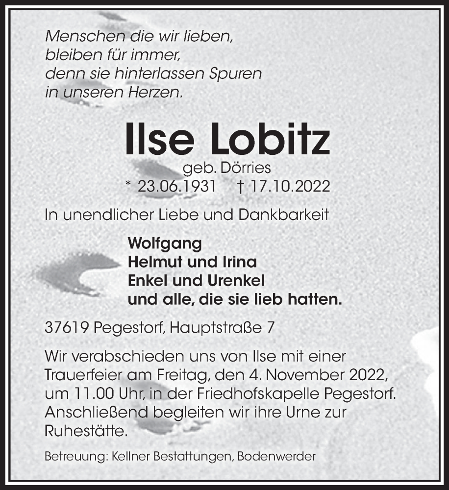  Traueranzeige für Ilse Lobitz vom 29.10.2022 aus Deister- und Weserzeitung