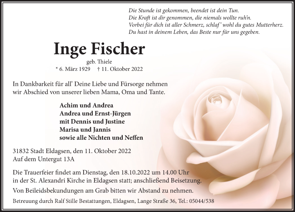  Traueranzeige für Inge Fischer vom 15.10.2022 aus Neue Deister-Zeitung
