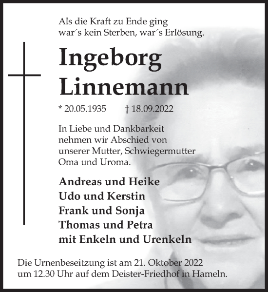 Traueranzeige von Ingeborg Linnemann von Deister- und Weserzeitung