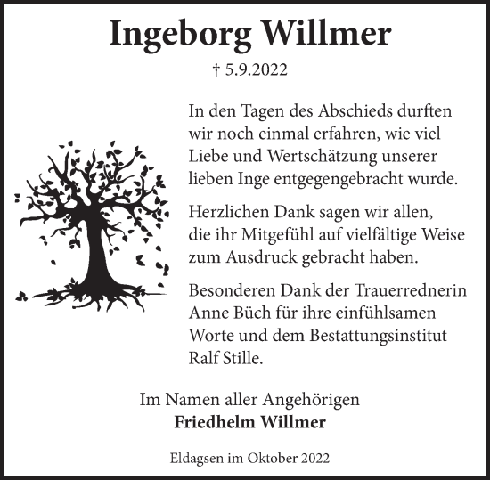 Traueranzeige von Ingeborg Willmer von Neue Deister-Zeitung