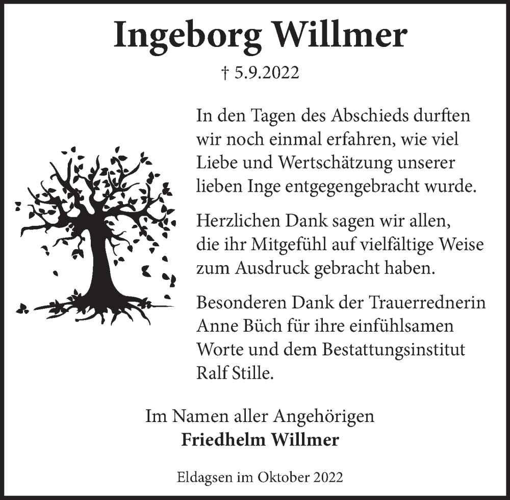  Traueranzeige für Ingeborg Willmer vom 22.10.2022 aus Neue Deister-Zeitung
