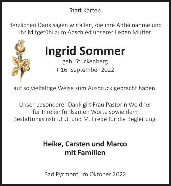 Traueranzeige von Ingrid Sommer von Deister- und Weserzeitung