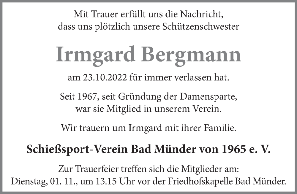  Traueranzeige für Irmgard Bergmann vom 28.10.2022 aus Neue Deister-Zeitung