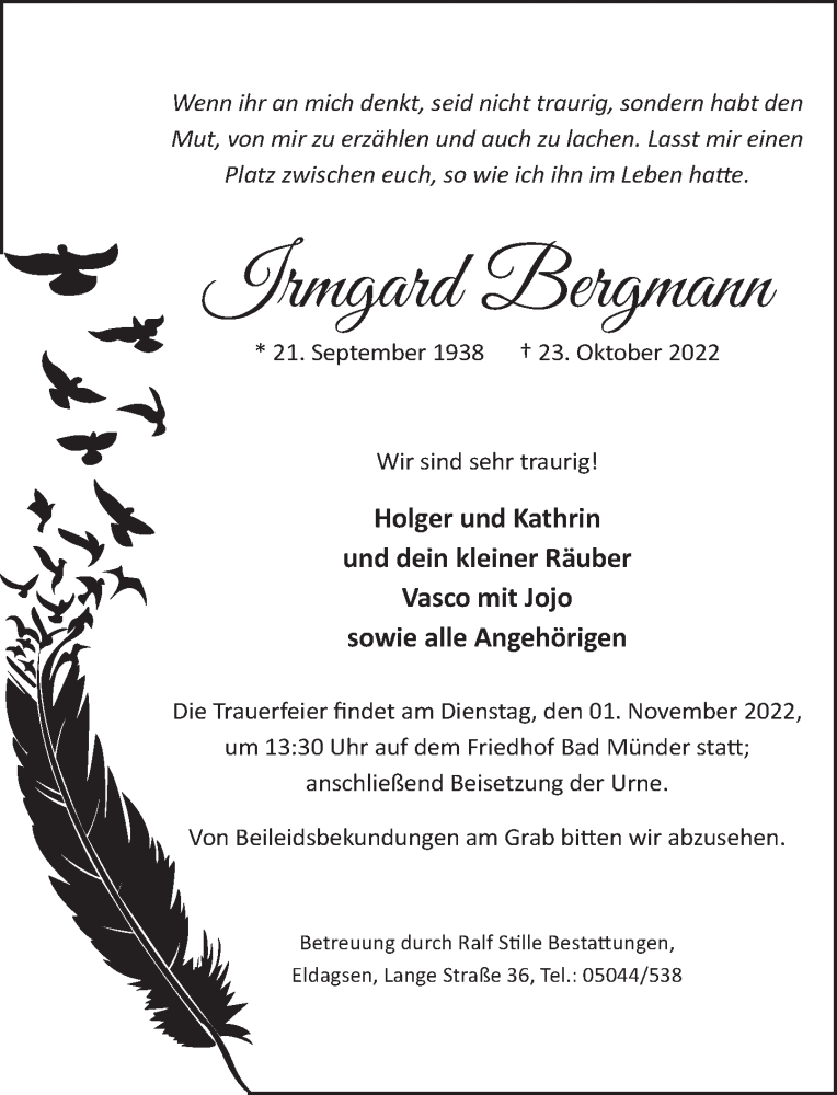  Traueranzeige für Irmgard Bergmann vom 27.10.2022 aus Neue Deister-Zeitung