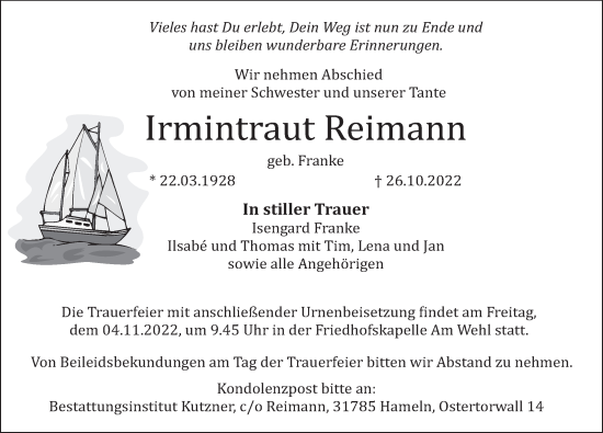 Traueranzeige von Irmintraut Reimann von Deister- und Weserzeitung