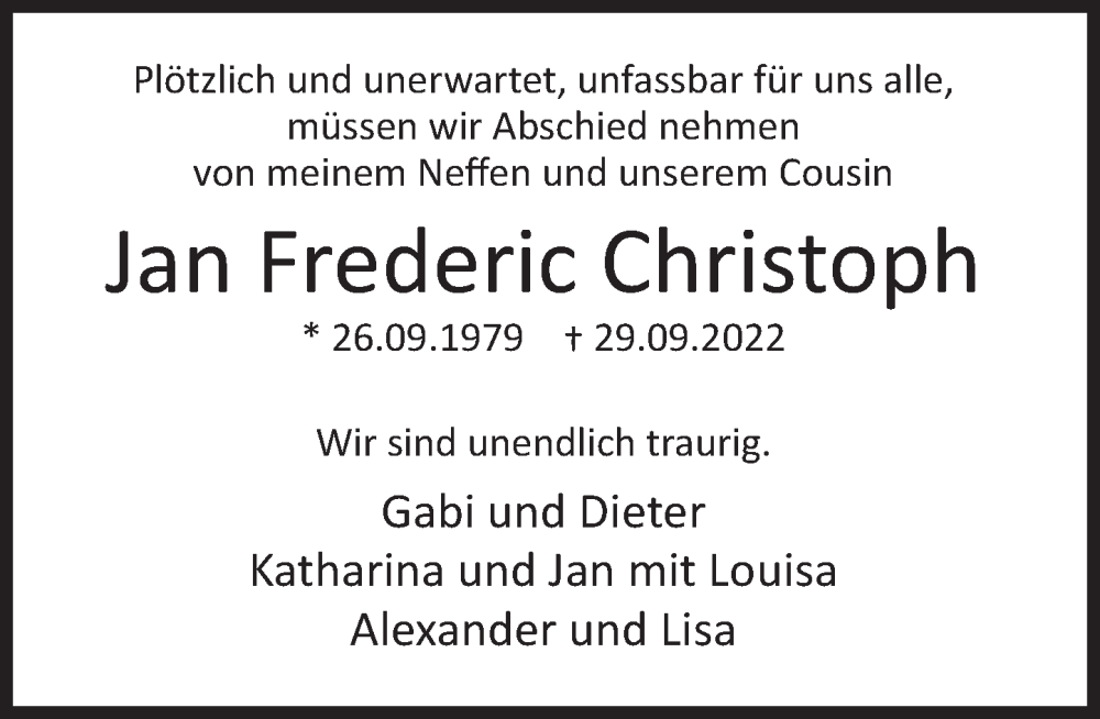 Traueranzeige für Jan Frederic Christoph vom 06.10.2022 aus Deister- und Weserzeitung