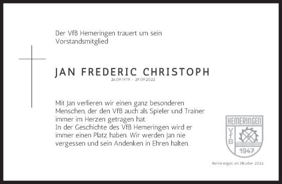 Traueranzeige von Jan Frederic Christoph von Deister- und Weserzeitung