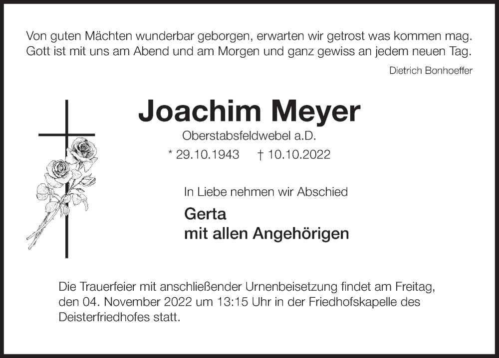  Traueranzeige für Joachim Meyer vom 22.10.2022 aus Deister- und Weserzeitung