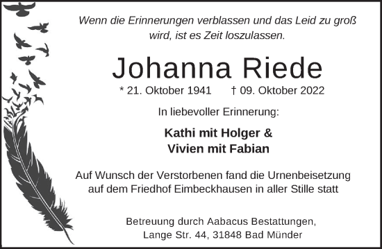 Traueranzeige von Johanna Riede von Neue Deister-Zeitung