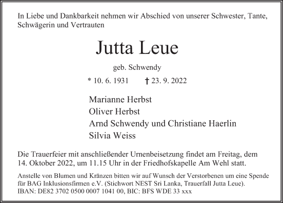 Traueranzeige von Jutta Leue von Deister- und Weserzeitung