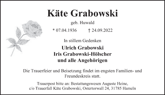 Traueranzeige von Käte Grabowski von Deister- und Weserzeitung