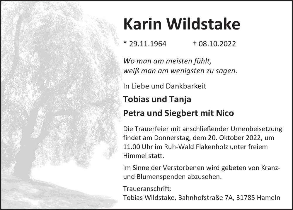  Traueranzeige für Karin Wildstake vom 15.10.2022 aus Deister- und Weserzeitung