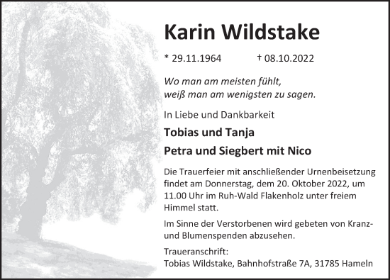 Traueranzeige von Karin Wildstake von Deister- und Weserzeitung