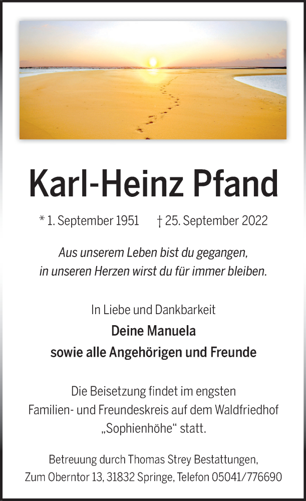  Traueranzeige für Karl-Heinz Pfand vom 08.10.2022 aus Neue Deister-Zeitung