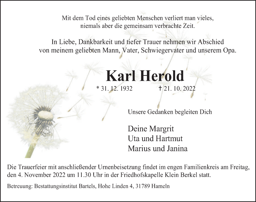  Traueranzeige für Karl Herold vom 29.10.2022 aus Deister- und Weserzeitung