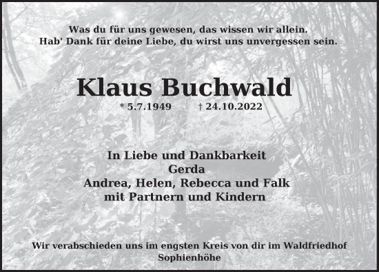Traueranzeige von Klaus Buchwald von Deister- und Weserzeitung