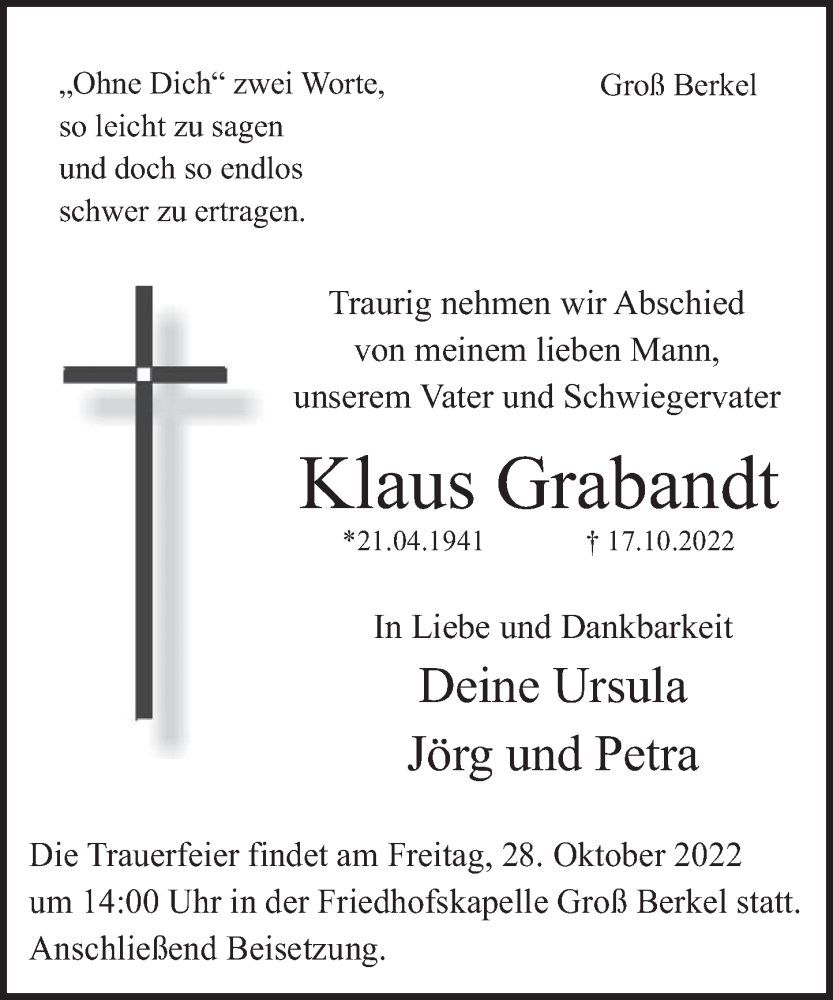  Traueranzeige für Klaus Grabandt vom 22.10.2022 aus Deister- und Weserzeitung